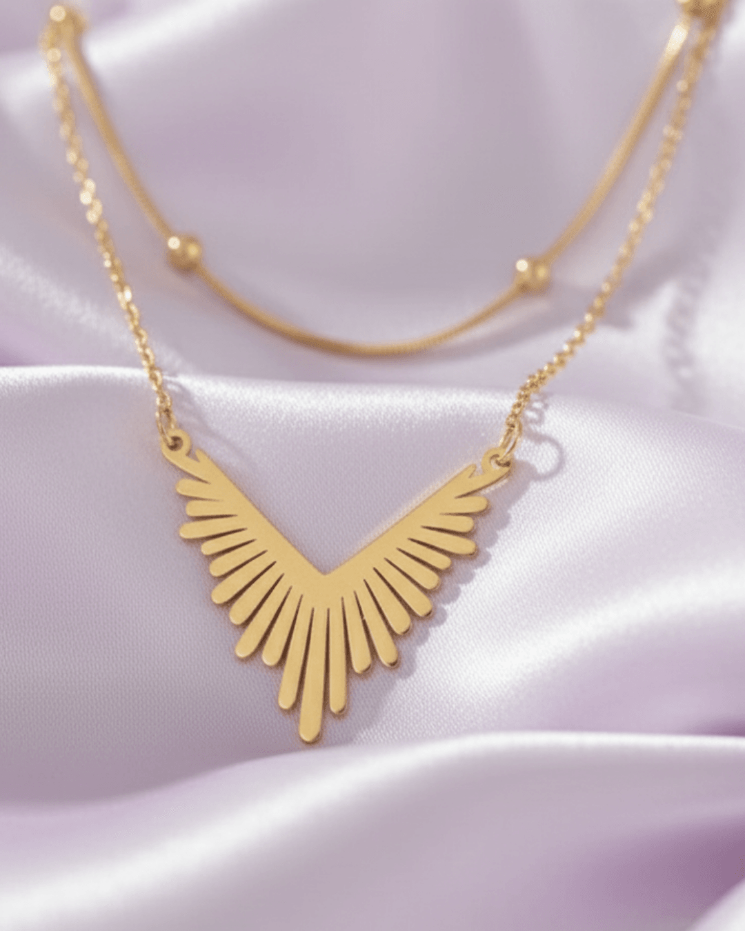 Layered Necklace with Engraved Wing V-Pendant