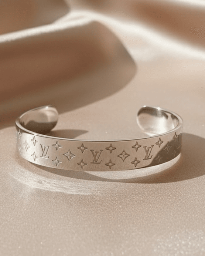 Silver-Tone Engraved Monogram Bangle