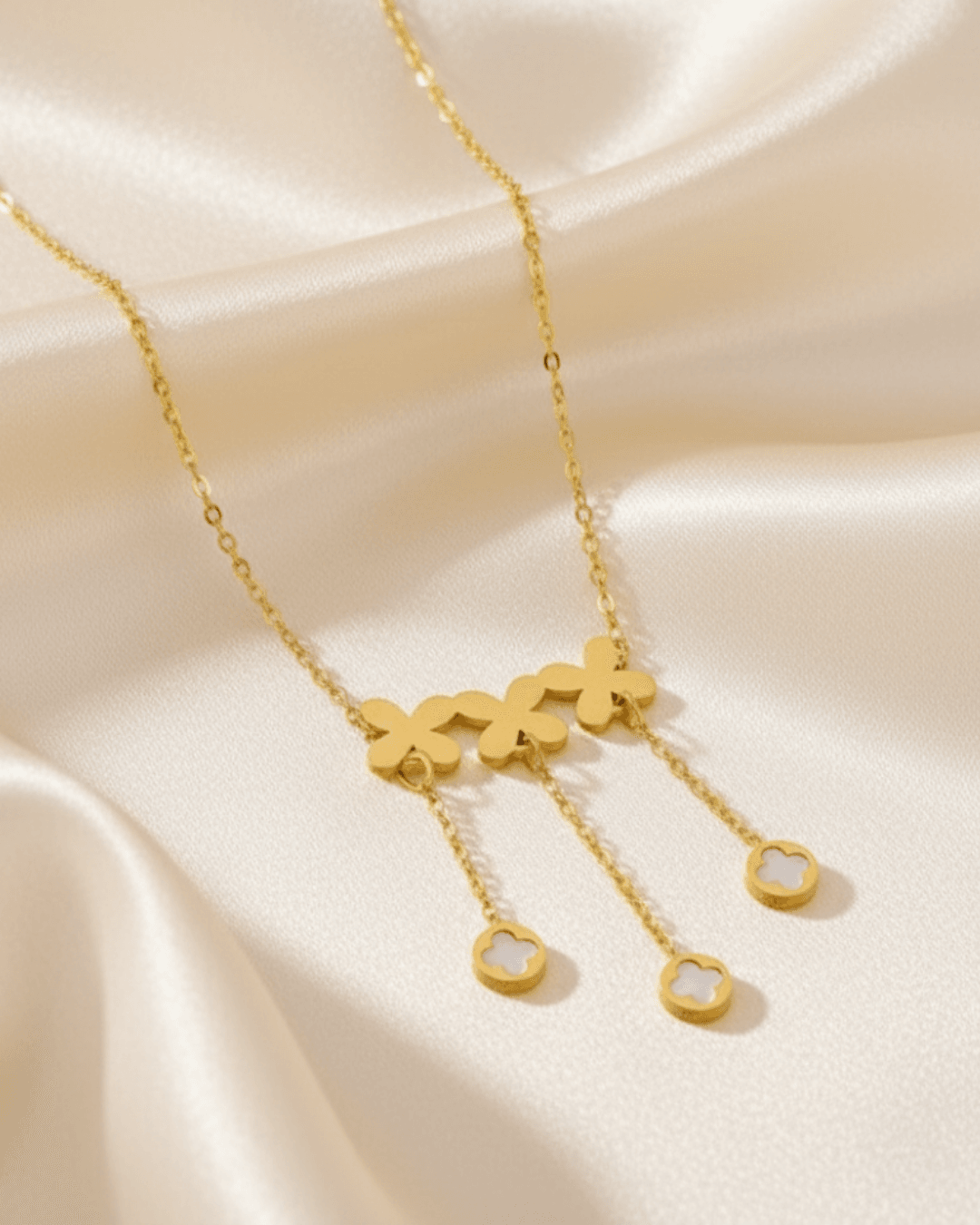 Clover Bar Tassel Pendant Necklace with Mother of Pearl Charms