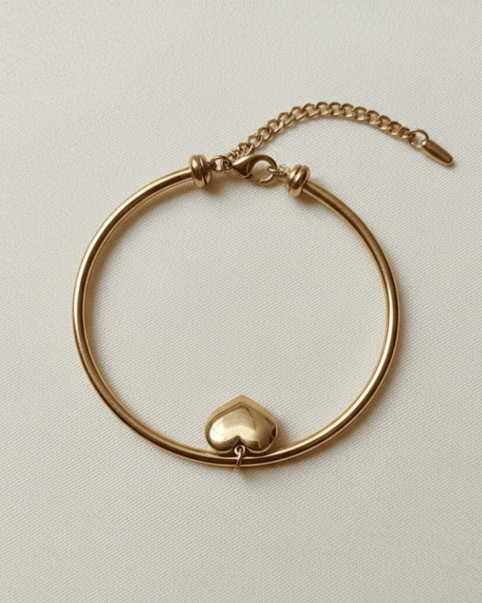 Rose Gold Half Bangle & Chain Bracelet with Puffy Heart Charm