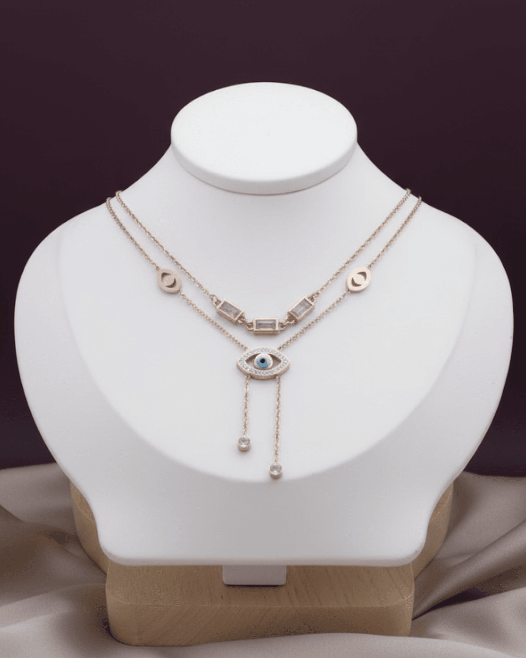 Rose Gold Layered Evil Eye Lariat Necklace with Baguette Crystals