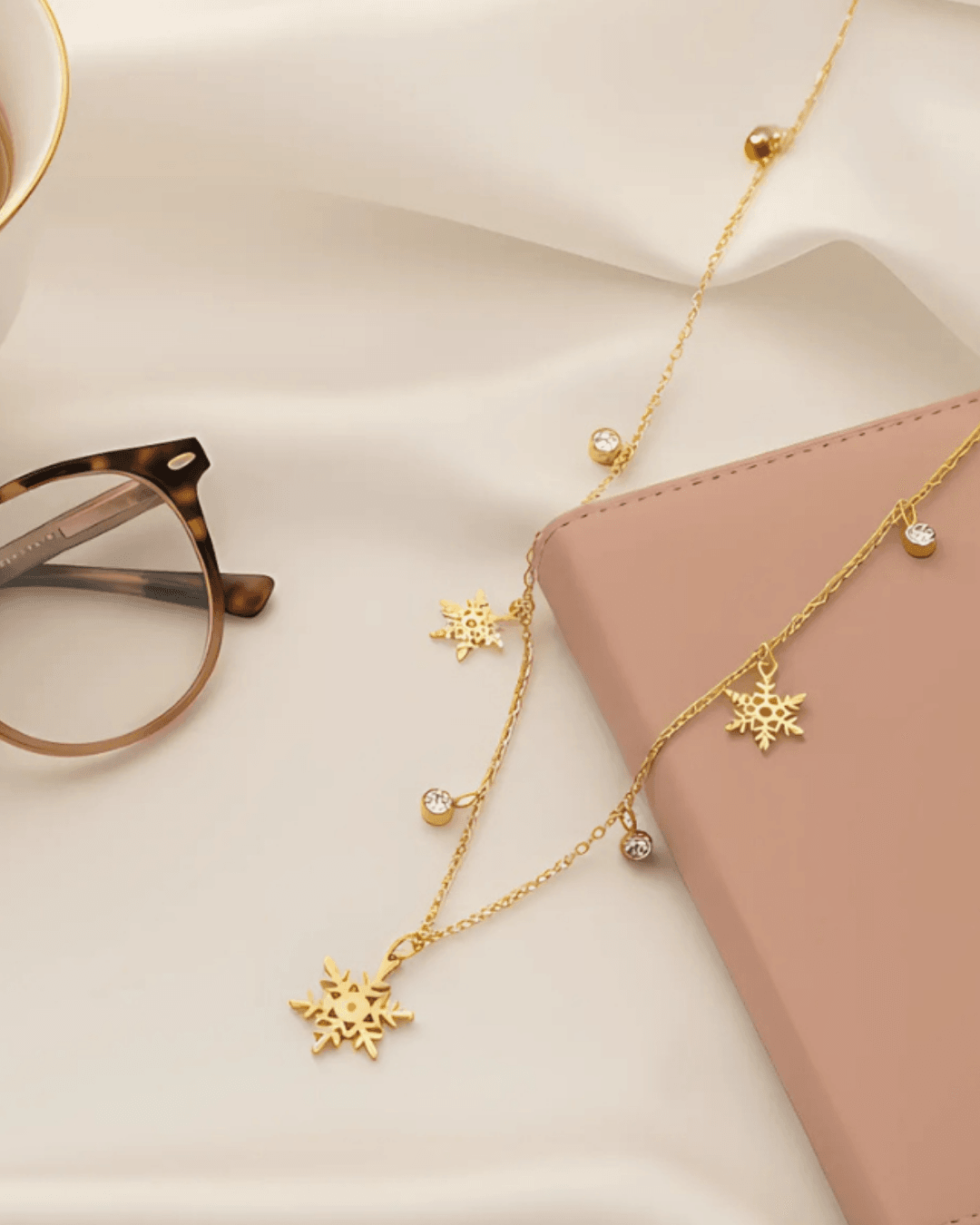 Dainty Snowflake & Crystal Charm Station Necklace