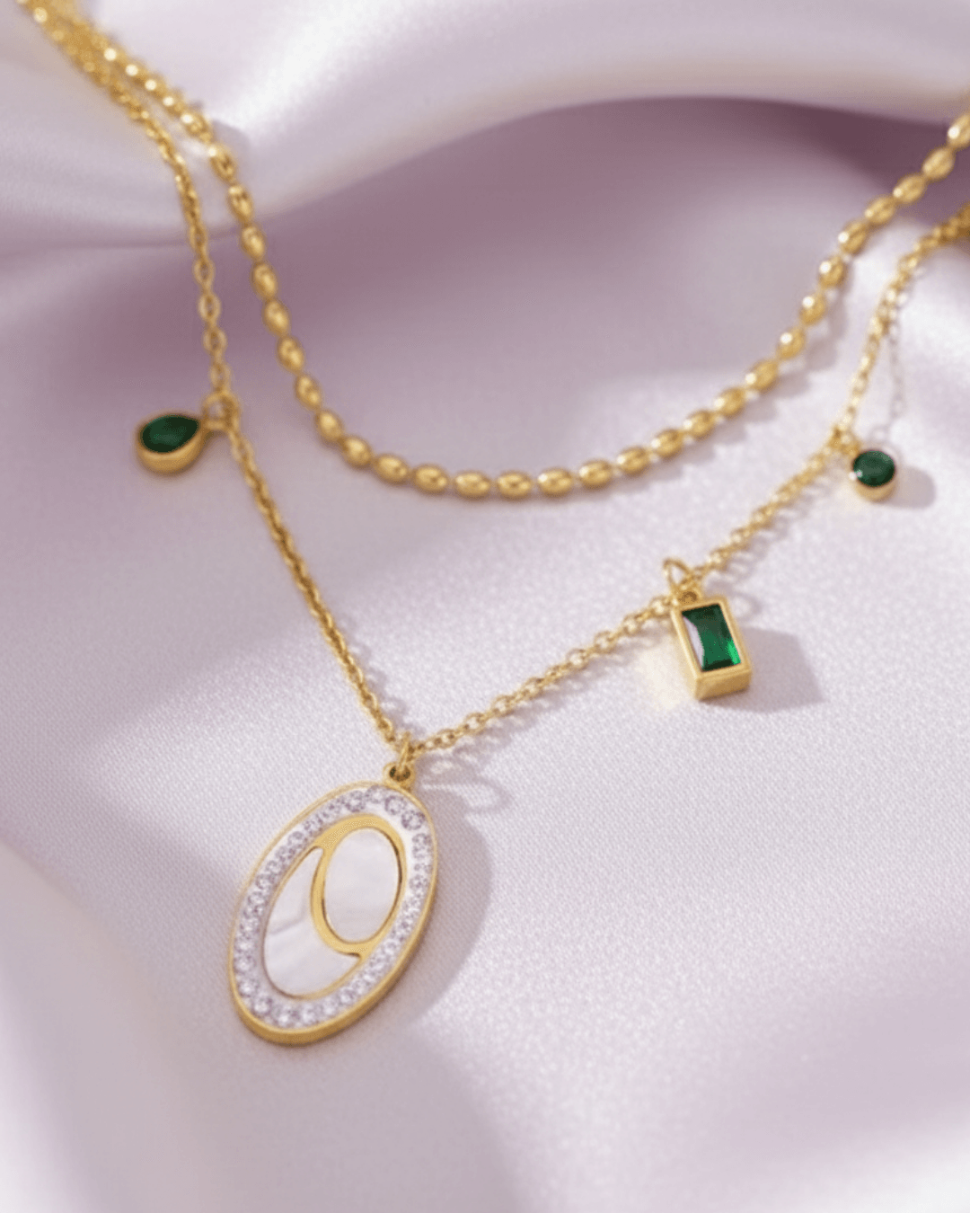 Layered Necklace with Emerald Green Charms & Mother of Pearl Oval Pendant