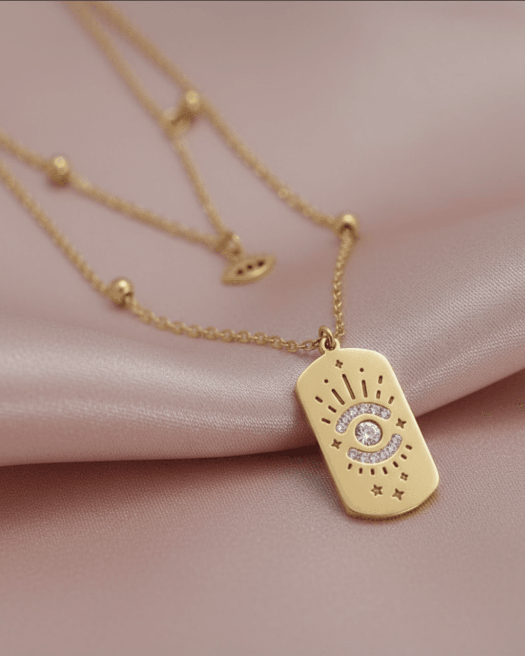 Layered Evil Eye Sunburst & Lotus Charm Necklace