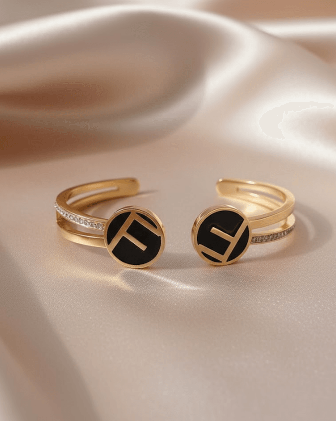 Rose Gold Designer-Inspired Logo Cuff Bangle with Crystal Accents